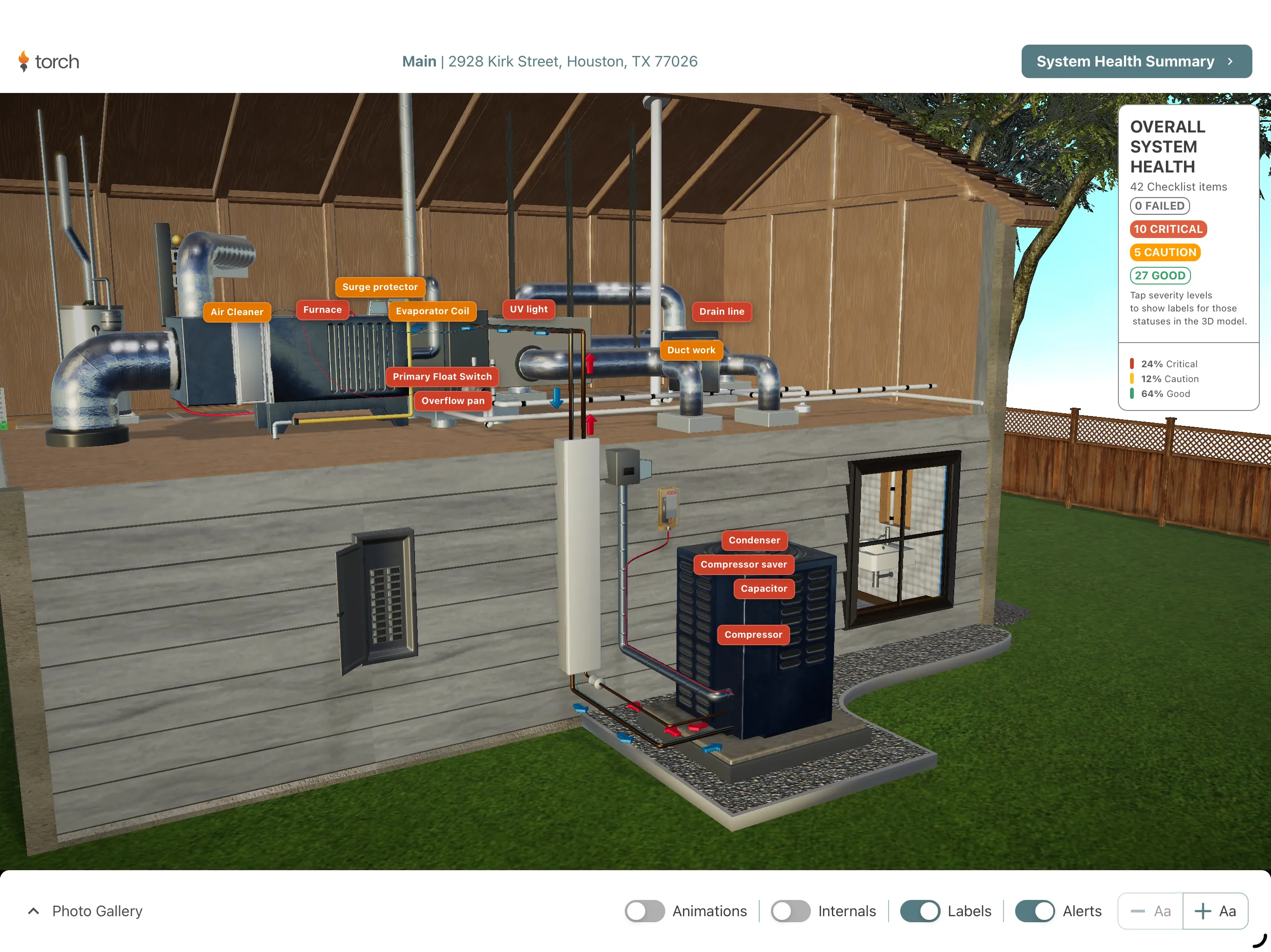 Torch 3D system health model of a home HVAC system